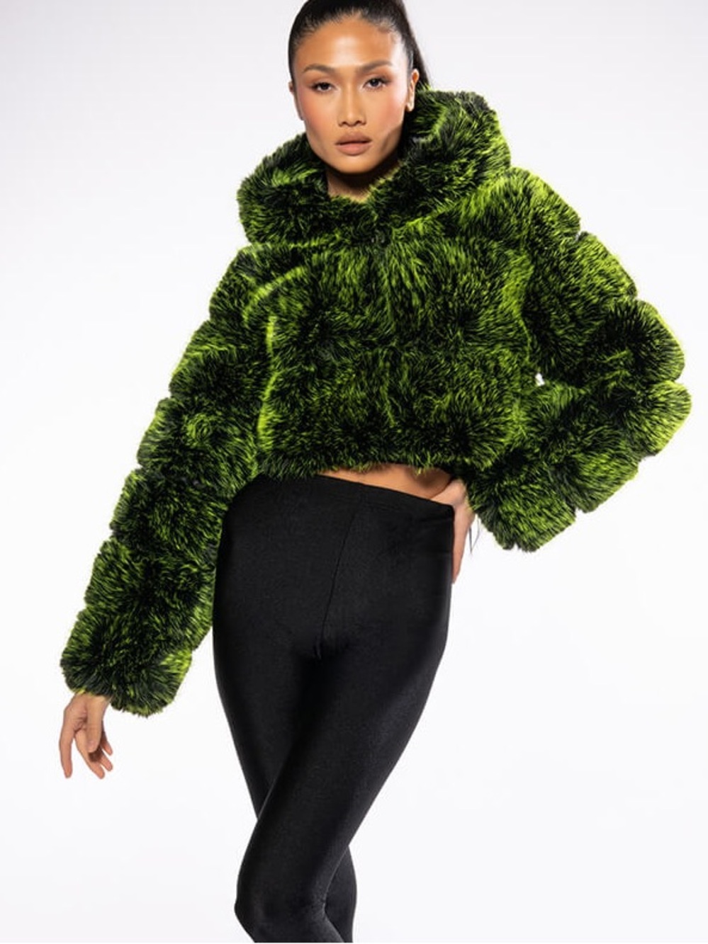 Azalea Wang nwt L Women's Vibrant Green Faux Fur Hooded Teddy Jacket coat thick - Picture 4 of 16